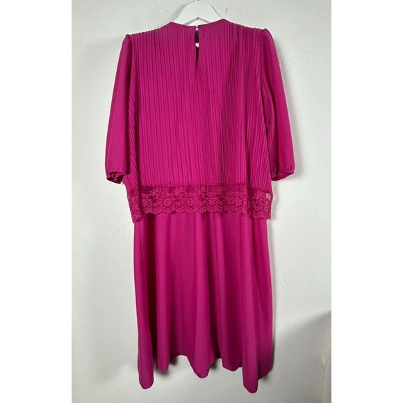 Vintage Sandi Dee Fuchsia Pink Puff Sleeve Pleated Dress with Lace Trim Size 16W - Picture 2 of 8